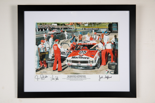 HDT: A signed print 'The Master's Apprentices' featuring HDT LX Torana A9X in pit scene at 1978 Bathurst, signed by Richards, John Sheppard & chief mechanic Ian Tate, 45cm high, 57cm wide overall