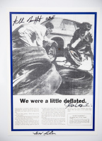 MOFFAT / GIBSON / HAMILTON: A signed poster featuring Ford pit crew changing tyres 'We Were a Little Deflated' signed by Allan Moffat, Alan Hamilton & Fred Gibson, 45cm high, 32cm wide