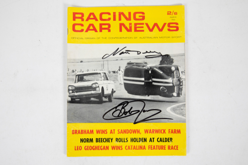 RACING CAR NEWS: A signed edition of Australian March 1964 'Racing Car News' magazine, signed by Norm Beechey & Bob Jane on cover