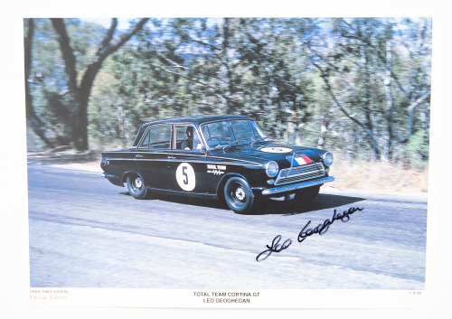 LEO GEOGHEGAN: A signed poster featuring Leo Geoghegan driving a Total Team Cortina GT at Bathurst 1964 Easter Meet, signed by Geoghegan, 32cm high, 45cm wide