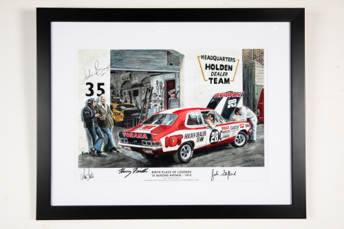 HOLDEN: A signed print 'Birth Place of Legends 35 Queens Avenue 1972' featuring Peter Brock in Torana at HDT HQ, signed by John Sheppard, Harry Firth, Colin Bond & chief mechanic Ian Tate, 45cm high, 57cm wide overall