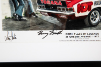 HOLDEN: A signed print 'Birth Place of Legends 35 Queens Avenue 1972' featuring Peter Brock in Torana at HDT HQ, signed by John Sheppard, Harry Firth, Colin Bond & chief mechanic Ian Tate, 45cm high, 57cm wide overall - 3