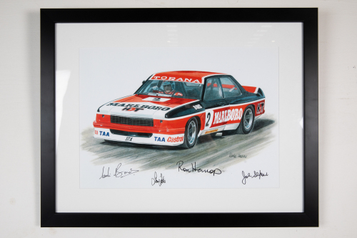 HOLDEN: A signed print featuring the c1970s HDT Torana with Marlboro livery, signed by Colin Bond, Ian Tate, Ron Harrop & John Sheppard, 45cm high, 57cm wide overall