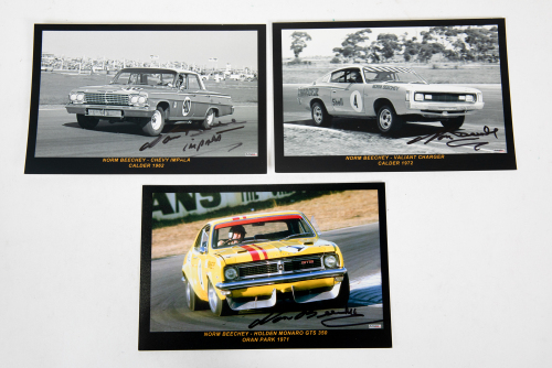 NORM BEECHEY: Three signed small photos of Norm Beechey driving Valiant Charger, Holden Monaro GTS & Chevy Impala, each signed by Beechey