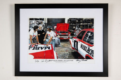90 · HOLDEN: A signed print 'Birth Place of Legends - 1974 L34 SL/R 5000' featuring Brock, Firth & Bond having discussion if HDT workshop, signed by Ian Tate, Colin Bond & Harry Firth, 45cm high, 57cm wide overall