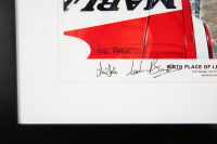 HOLDEN: A signed print 'Birth Place of Legends - 1974 L34 SL/R 5000' featuring Brock, Firth & Bond having discussion if HDT workshop, signed by Ian Tate, Colin Bond & Harry Firth, 45cm high, 57cm wide overall - 2