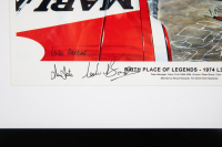 HOLDEN: A signed print 'Birth Place of Legends - 1974 L34 SL/R 5000' featuring Brock, Firth & Bond having discussion if HDT workshop, signed by Ian Tate, Colin Bond & Harry Firth, 45cm high, 57cm wide overall - 3