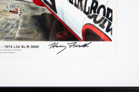 HOLDEN: A signed print 'Birth Place of Legends - 1974 L34 SL/R 5000' featuring Brock, Firth & Bond having discussion if HDT workshop, signed by Ian Tate, Colin Bond & Harry Firth, 45cm high, 57cm wide overall - 4