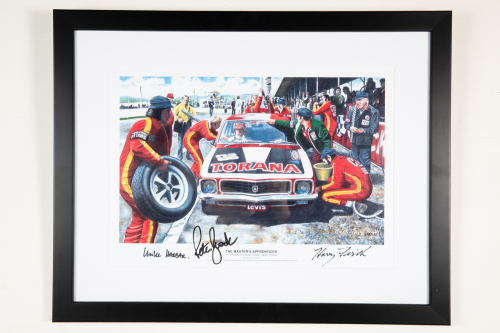 HOLDEN: A signed print 'The Master's Apprentices - 1972 HDT Pitstop' signed by Peter Brock, Harry Firth & artist Mike Harbar, 45cm high, 57cm wide overall