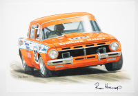 HOLDEN: A signed print featuring the EH Holden driven by Bob Jane circa mid 1970s, signed by Ron Harrop, 30cm high, 43cm wide