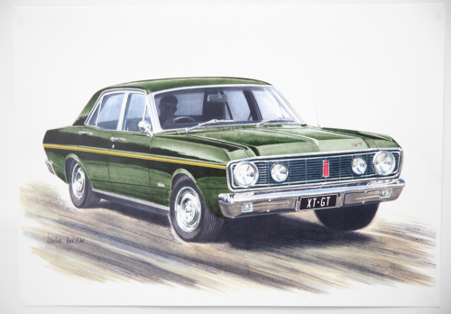 140 · FORD: A print featuring the Ford Falcon XT GT in Zircon green metallic paint by artist Mike Harbar, 30cm high, 43cm wide