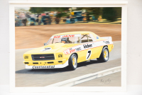 BOB JANE: A one-off original painting by artist Martin de Lang, featuring Bob Jane driving #7 Holden HQ Monaro GTS 350 at Sandown c1976, 56cm high, 74cm wide overall