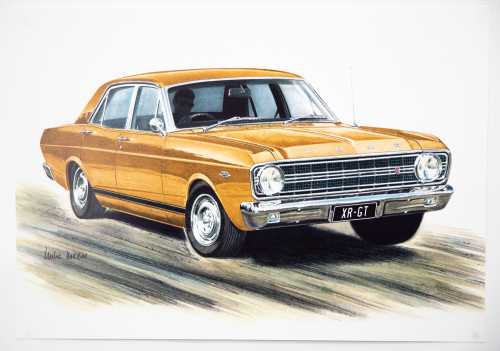 FORD: A print featuring the Ford Falcon XT GT in G.T. gold paint by artist Mike Harbar, 30cm high, 43cm wide