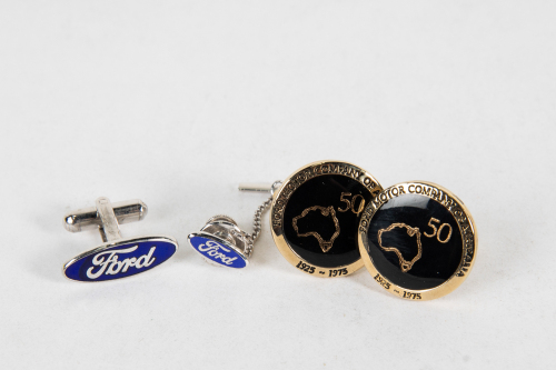 FORD: Three Ford cufflinks, including a set of Ford Motor Company of Australia 50th Anniversary cufflinks 1925-1975, along with one small Ford oval logo lapel pin