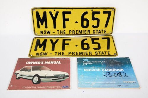 FORD / POLICE: A set of matching NSW number plates for ex-police Ford 1989 XF Falcon Ute 'MYF-657' with owner's manual & service handbook for same vehicle