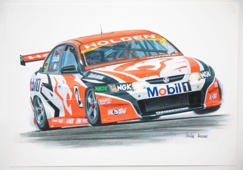 HOLDEN: A print featuring the c2003 HRT Holden VY Commodore driven by Mark Skaife by artist Mike Harbar, 30cm high, 43cm wide