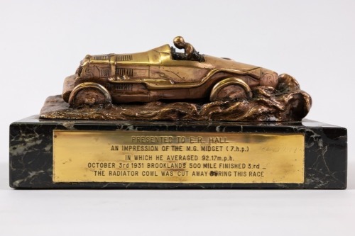 BROOKLANDS: A fine bronze and marble trophy "PRESENTED TO E.R HALL, An impression of the M.G Midget (7.h.p.) in which he averaged 92.17m.p.h, October 3rd 1931 Brooklands 500 Mile Finished 3.rd [Location: Perth]