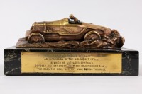 BROOKLANDS/EDDIE HALL: A fine bronze and marble trophy "PRESENTED TO E. R. HALL, An impression of the M.G. Midget (7.h.p.) in which he averaged 92.17mph, October 3rd 1931 Brooklands 500 Mile Finished 3rd [Location: Perth]