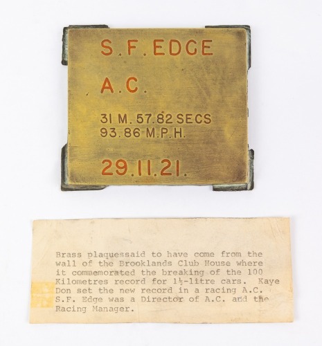 BROOKLANDS: A brass plaque said to have been removed from the Brooklands Clubhouse, commemorating the breaking of the 100 Kilometres record for 1.5L cars, set by Kaye Don 1921 [Location: Perth]