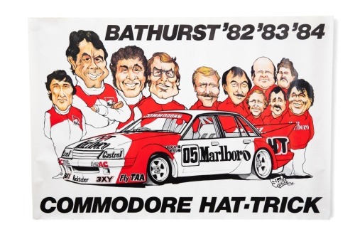 HDT: A large original poster commemorating the commodore Bathurst Hat-trick, 1982,83 & 84, with caricature artwork by Stonie, measures 81.5cm high, 121cm wide