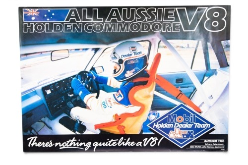 35 · HDT: A large and original Mobil HDT 1986 Bathurst poster 'All Aussie V8 Holden Commodore', featuring cockpit photograph, measures 85.5cm high, 121.5cm wide