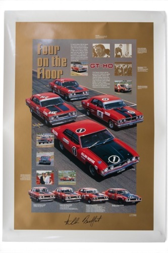 MOFFAT / FORD: A large signed poster 'Four on the Floor' featuring Ford Falcon GT-HO models & racing history signed by Allan Moffat, 100cm high, 70cm wide