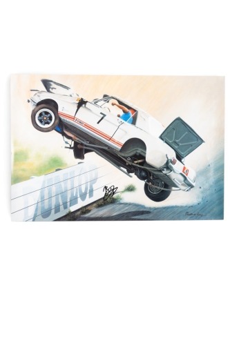 68 · BOB JANE: A signed print featuring Bob Jane rolling over his Ford Mustang by artist Martin de Lang, signed by Jane, 47cm high, 69cm wide