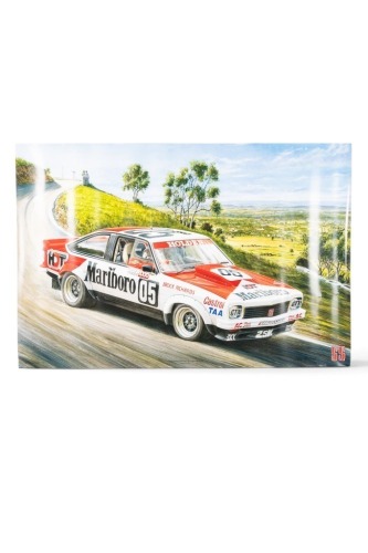 HDT: A large print featuring Peter Brock driving HDT Torana A9X at 1979 Bathurst 1000 by artist Mike Harbar, 61cm high, 91cm wide
