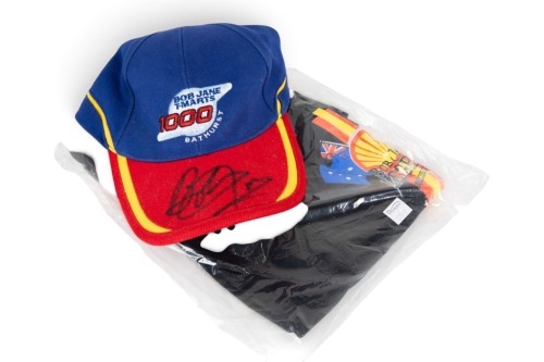 BOB JANE: Two clothing items relating to Bob Jane, includes a signed 'Bob Jane T-Marts' hat and an unsigned, still sealed 'Bob Janes Legend' black t-shirt, size medium