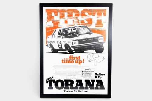 2 · TORANA: A large rare and original 1974/1975 Holden Torana 'First Time Up!' advertising poster, hand signed by Peter Brock, with COA, framed and glazed, measures 109.5cm high, 83cm wide