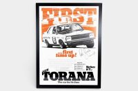 TORANA: A large rare and original 1974/1975 Holden Torana 'First Time Up!' advertising poster, hand signed by Peter Brock, with COA, framed and glazed, measures 109.5cm high, 83cm wide