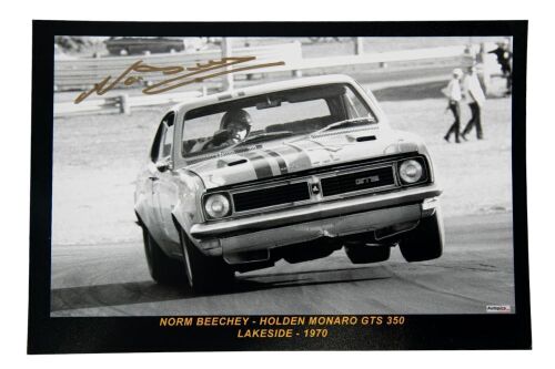 BEECHEY: A signed b/w photograph of Norm Beechey driving Holden Monaro GTS 350 at Lakeside c1970, signed by Beechey, 20cm high, 30cm wide