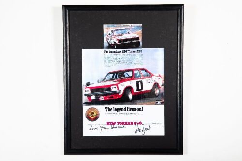 TORANA: A Holden Torana XU-1 display piece, features a copied advertisement 'The Legend Lives On!', signed by Peter Brock, 52cm high, 41cm wide overall