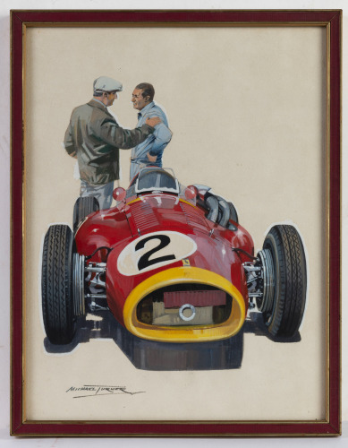 FERRARI SUPER SQUALO: An exceptional original painting by Michael Turner of a Ferrari F1 555 Supersqualo with Fangio & Ascari in the background