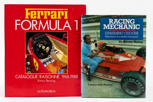 RACING: Two books of Ferrari racing, including 'Ferrari Formula 1 - Catalogue Raisonne 1948-1988' by Enrico Benzing, and 'Racing Mechanic - Ermanno Cuoghi' by Jeremy Walton