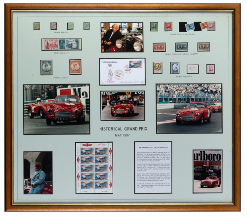 MONACO: A large framed and glazed collage featuring photographs and items related to Peter Briggs ' involvement at the Historical Grand Prix Monaco 1997, 77cm high, 87cm wide