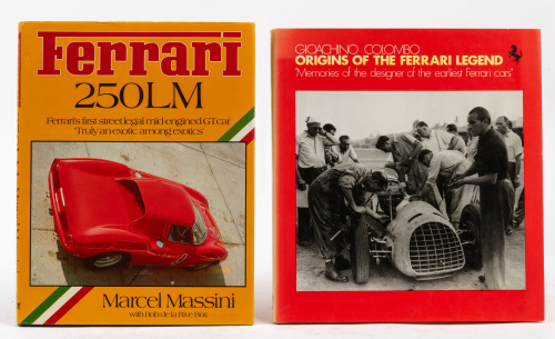 FERRARI: Two hardcover books on Ferrari, including 'Ferrari 250LM' by Marcel Massini and 'Origins of the Ferrari Legend' by Gioacchino Colombo