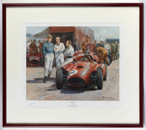 LANCIA-FERRARI: A signed limited edition (404/500) print titled 'The Rivals' by Alan Fearnley depicting Collins, Hawthorn and Moss with Collins' Lancia Ferrari British GP 1956