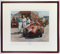 LANCIA-FERRARI: A signed limited edition (404/500) print titled 'The Rivals' by Alan Fearnley depicting Collins, Hawthorn and Moss with Collins' Lancia Ferrari British GP 1956 [Location: Melbourne]
