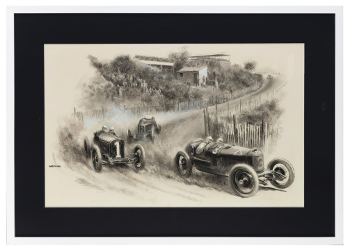 PETER HELCK: A fine original illustration by Peter Helck depicting a c1920s motoring scene, featuring an Alfa Romeo P2 in the lead, framed and glazed