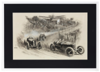 PETER HELCK: A fine original illustration by renowned artist Peter Helck featuring Ascari in the Alfa Romeo P2 in the lead at the 1924 GP de ACF at Les Sept Chemins, framed and glazed [Location: Melbourne]