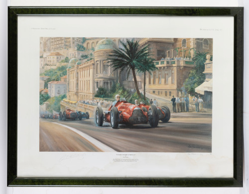 FANGIO: A limited edition (404/500) print by Alan Fearnley titled 'Fangio's Victory at Monaco', framed and glazed (Water Damaged)