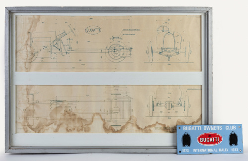 BUGATTI: Two reproduction blueprints for the Bugatti Type 38, mounted and framed, along with an enamel Bugatti Owners Club 1973 Rally plaque