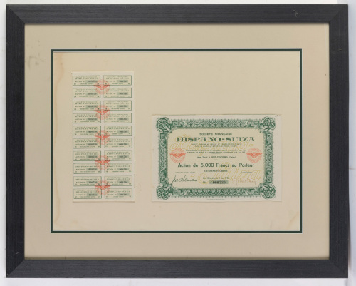 HISPANO SUIZA: An original share certificate dated 8 June 1955 for Hispano Suiza with a group of share dividend coupons, framed and glazed, measures 56.5cm high, 70.5cm wide