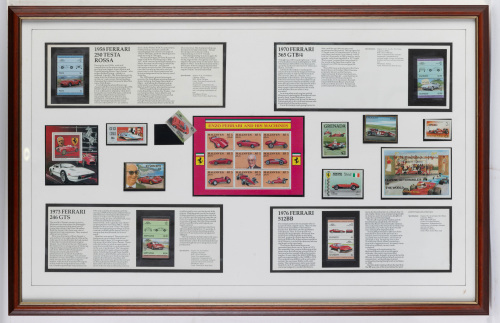 FERRARI: A framed collage featuring various collectible Ferrari stamps, measures 47cm high, 73cm wide