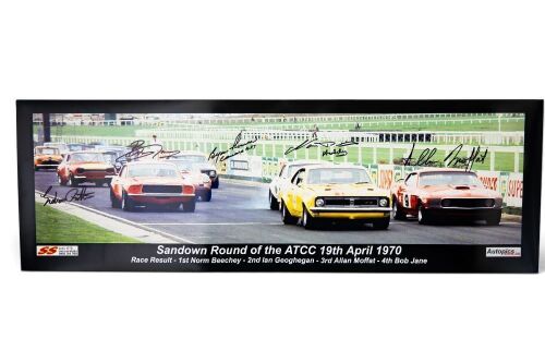 SANDOWN: A wide signed photograph featuring starting grid of A.T.C.C April 1970 race at Sandown with signatures from Allan Moffat, Norm Beechey, Bob Jane, Bryan Thomson & Graham Ritter, 25cm high, 76cm wide