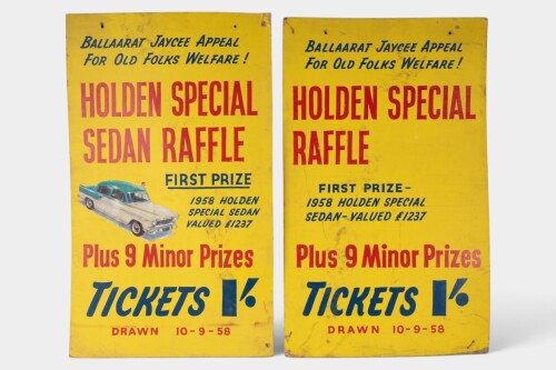 FC HOLDEN: Two 1958-dated advertising signs for the Ballarat Jaycee Appeal 'Holden Special Sedan Raffle', featuring a 1958 Holden FB Special Sedan as 'First Prize', each measuring approximately 75cm high, 45cm wide