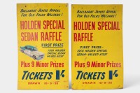 FC HOLDEN: Two 1958-dated advertising signs for the Ballarat Jaycee Appeal 'Holden Special Sedan Raffle', featuring a 1958 Holden FB Special Sedan as 'First Prize', each measuring approximately 75cm high, 45cm wide