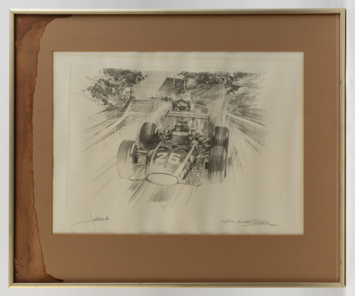 JACKIE ICKX: A print featuring pencil sketch illustration of Jackie Ickx driving Ferrari 312 F1, signed by Ickx & artist Michael Turner, limited edition (100/100), image 32cm high, 44cm wide