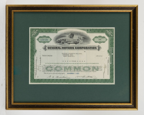 GENERAL MOTORS: A General Motors Corporation stock bond certificate, dated 1955, framed & glazed, frame 37cm high, 45cm wide